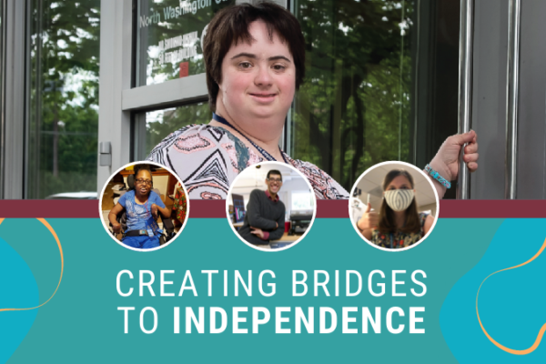 Image of 4 clients in the workplace with the text "Creating Bridges to independence"