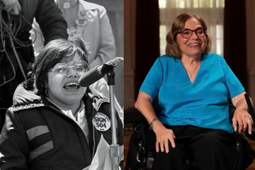 Side by side photos of Judy Heumann from the 1970s and the 2020s.